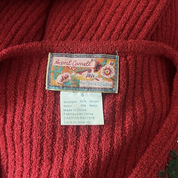 Vintage April Cornell Red Green Leaf Embroidered Ribbed Cardigan Sweater sz S - Picture 4 of 4